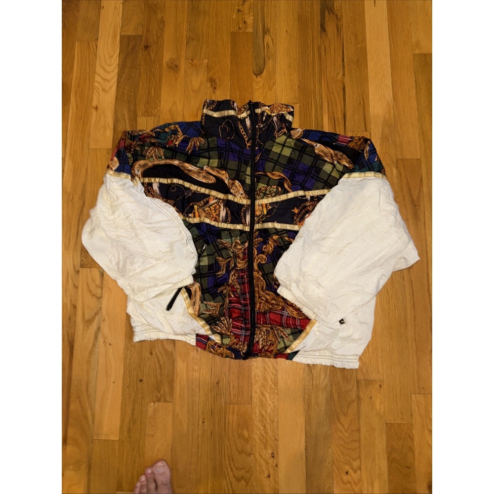Vintage 90s M.I.C Nylon Windbreaker Jacket Baroque Chain Plaid Colorblock Woman